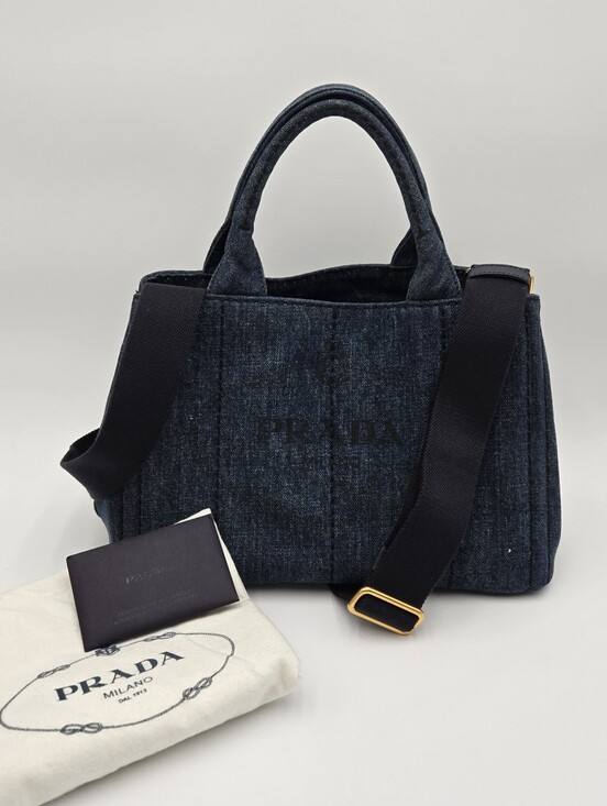 Prada Handbags - Prada Navy Denim Tote with Gold Hardware - Prada  Canvas Canapa, COA included